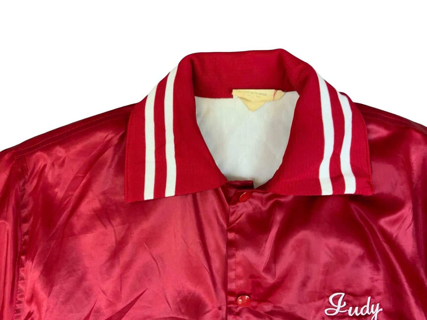 Vtg USA Red Windless Alum Bank Community Fire Co Judy Silky Varsity Jacket S