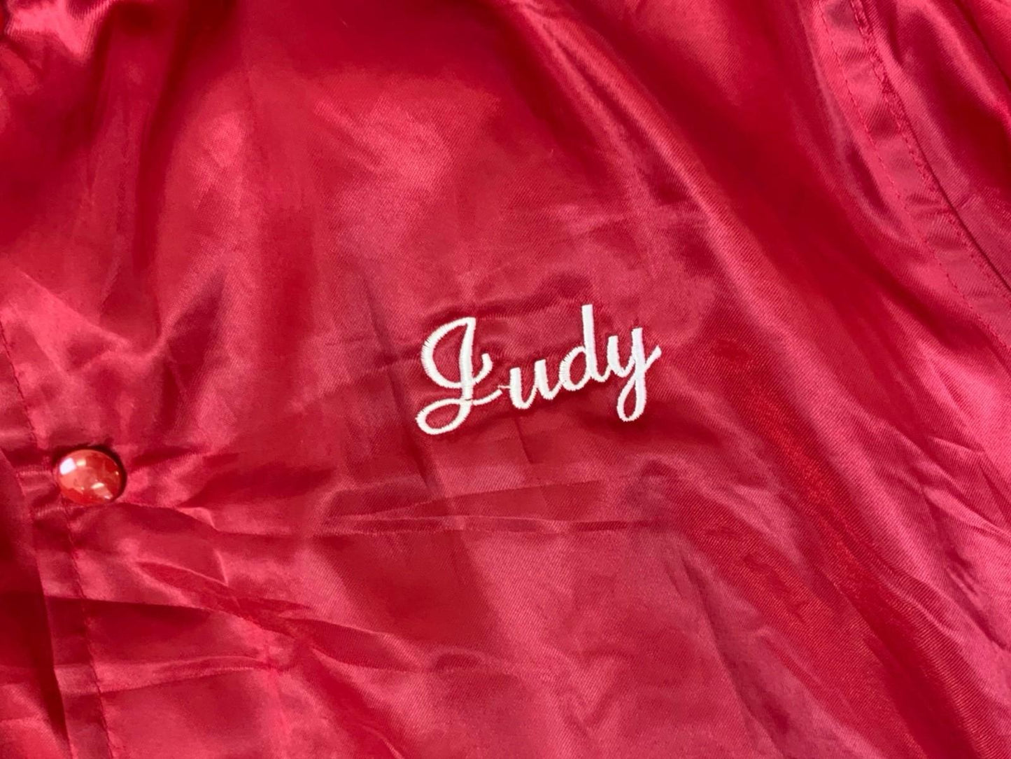 Vtg USA Red Windless Alum Bank Community Fire Co Judy Silky Varsity Jacket S