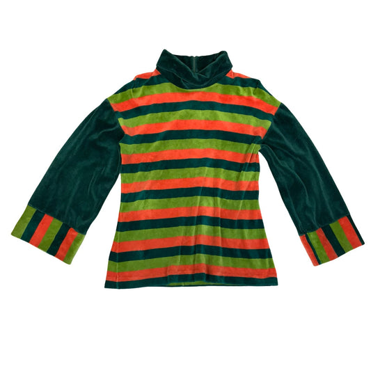 Vtg 70s 'Palmers' Green Orange Striped Velvet Turtle-Neck Casual Jumper S UK 10