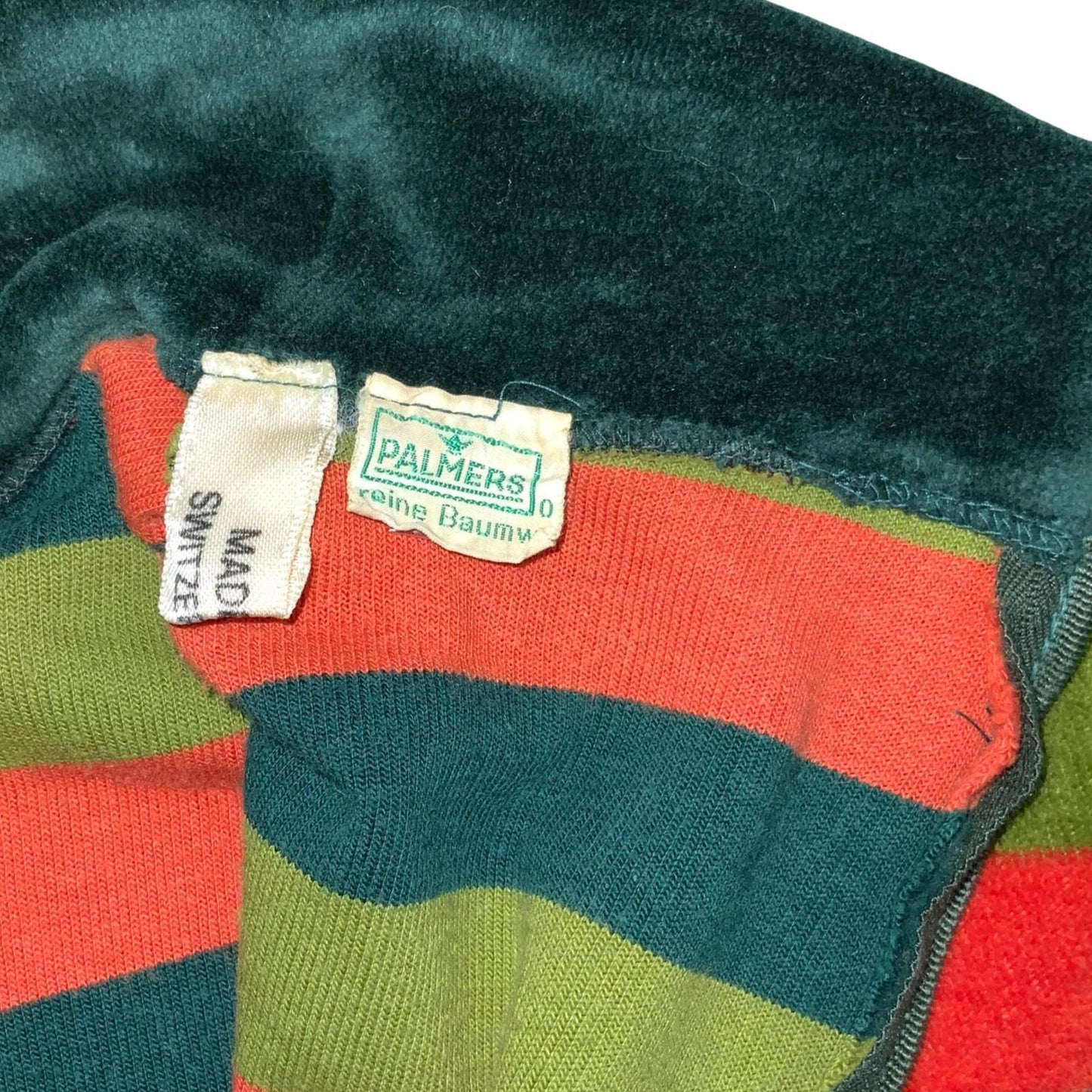 Vtg 70s 'Palmers' Green Orange Striped Velvet Turtle-Neck Casual Jumper S UK 10