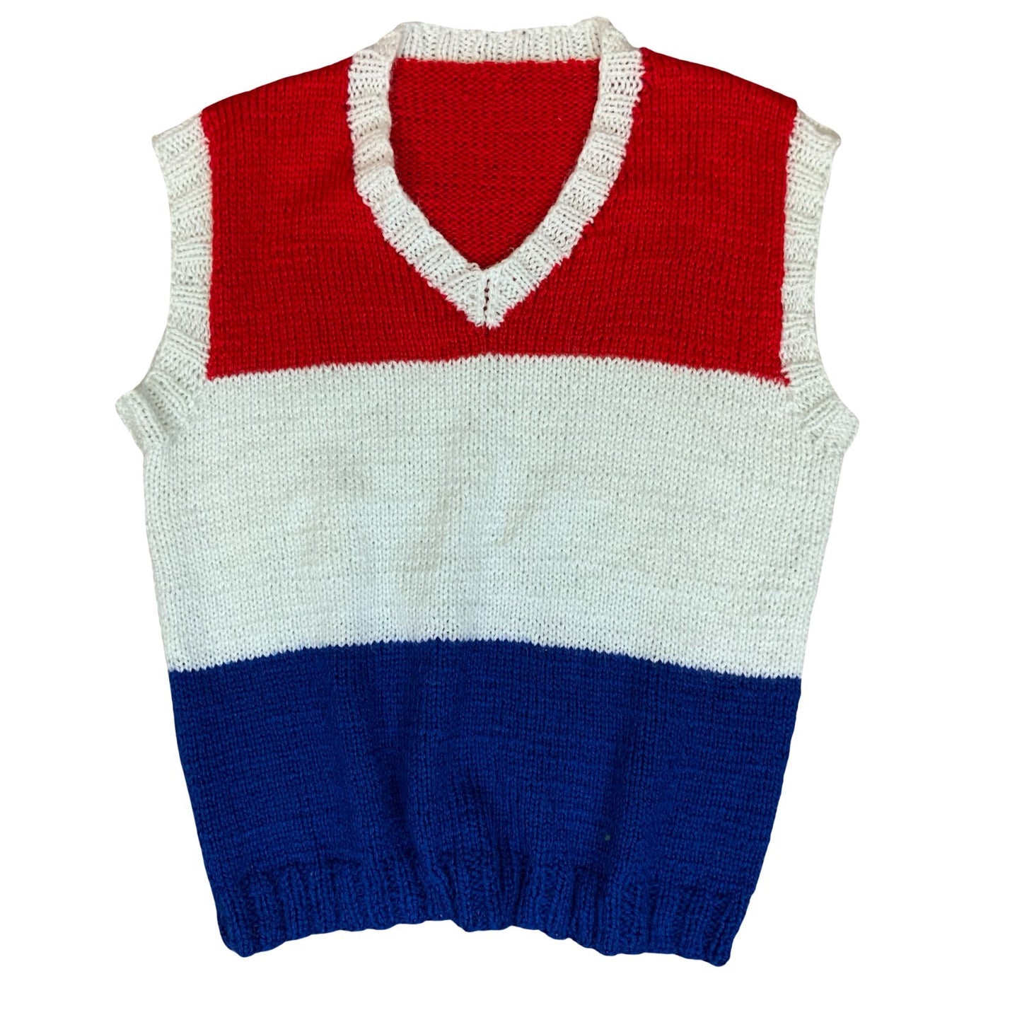 VTG Red White Blue Casual Pullover V-Neck Sleeveless Knit Sweater Vest M UK14