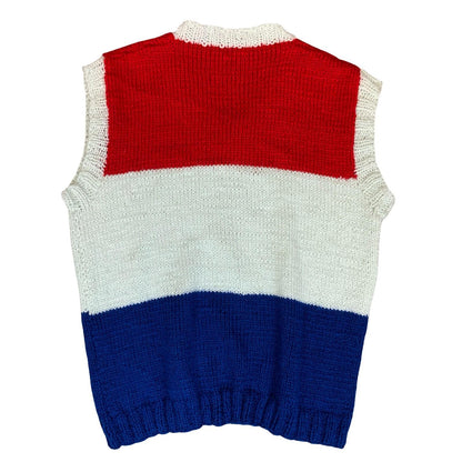 VTG Red White Blue Casual Pullover V-Neck Sleeveless Knit Sweater Vest M UK14