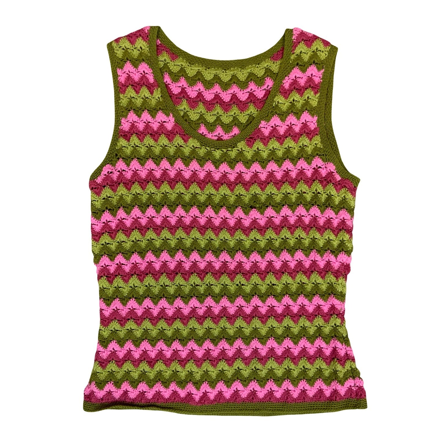 Vtg 90s Y2K Green Pink Chevron Zig-Zag Crochet Knit Casual Sweater Vest S UK 10