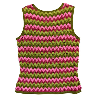 Vtg 90s Y2K Green Pink Chevron Zig-Zag Crochet Knit Casual Sweater Vest S UK 10