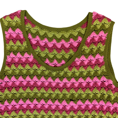 Vtg 90s Y2K Green Pink Chevron Zig-Zag Crochet Knit Casual Sweater Vest S UK 10