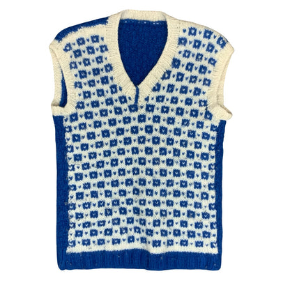 Vtg 70s Blue White Geometric Hand-Made Casual V-Neck Wool Sweater Vest S UK 8