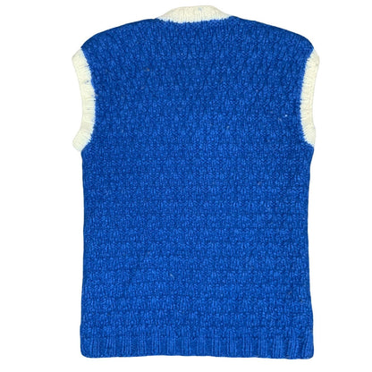 Vtg 70s Blue White Geometric Hand-Made Casual V-Neck Wool Sweater Vest S UK 8