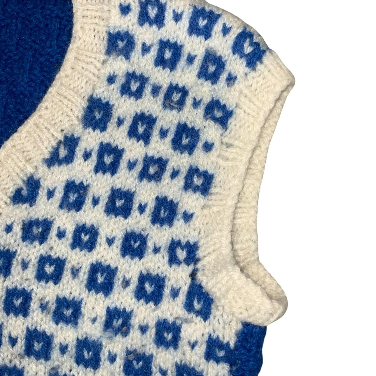 Vtg 70s Blue White Geometric Hand-Made Casual V-Neck Wool Sweater Vest S UK 8