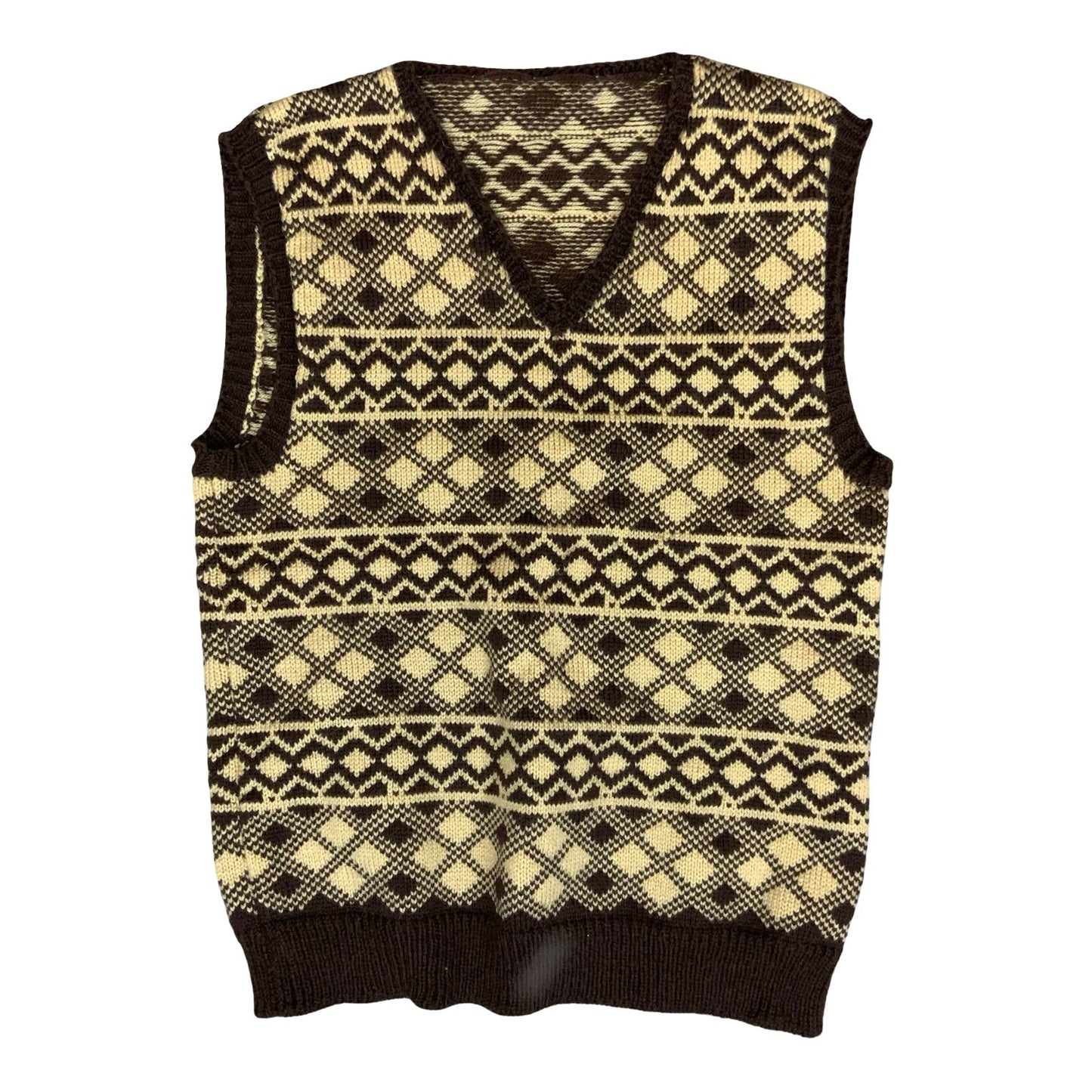 Vtg 70s Brown Beige Geometric Argyle Golf Casual V-Neck Sweater Vest S UK 12