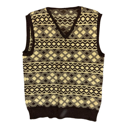 Vtg 70s Brown Beige Geometric Argyle Golf Casual V-Neck Sweater Vest S UK 12