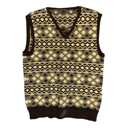 Vtg 70s Brown Beige Geometric Argyle Golf Casual V-Neck Sweater Vest S UK 12