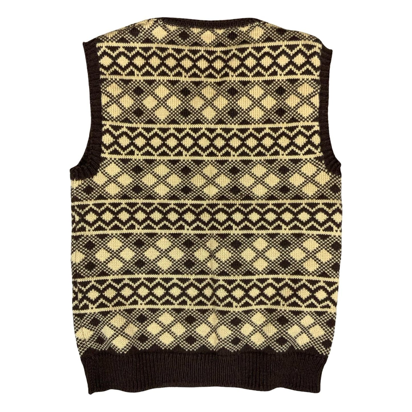 Vtg 70s Brown Beige Geometric Argyle Golf Casual V-Neck Sweater Vest S UK 12