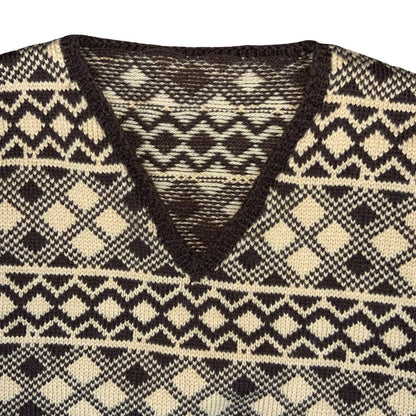 Vtg 70s Brown Beige Geometric Argyle Golf Casual V-Neck Sweater Vest S UK 12