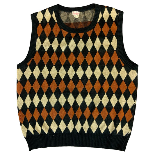 Vtg 80s Black Beige Brown Golf Argyle Casual Boxy Pullover Sweater Vest L UK 16