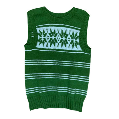 Vtg Green Blue Geometric Snowflake Striped Casual Pullover Sweater Vest S UK 10
