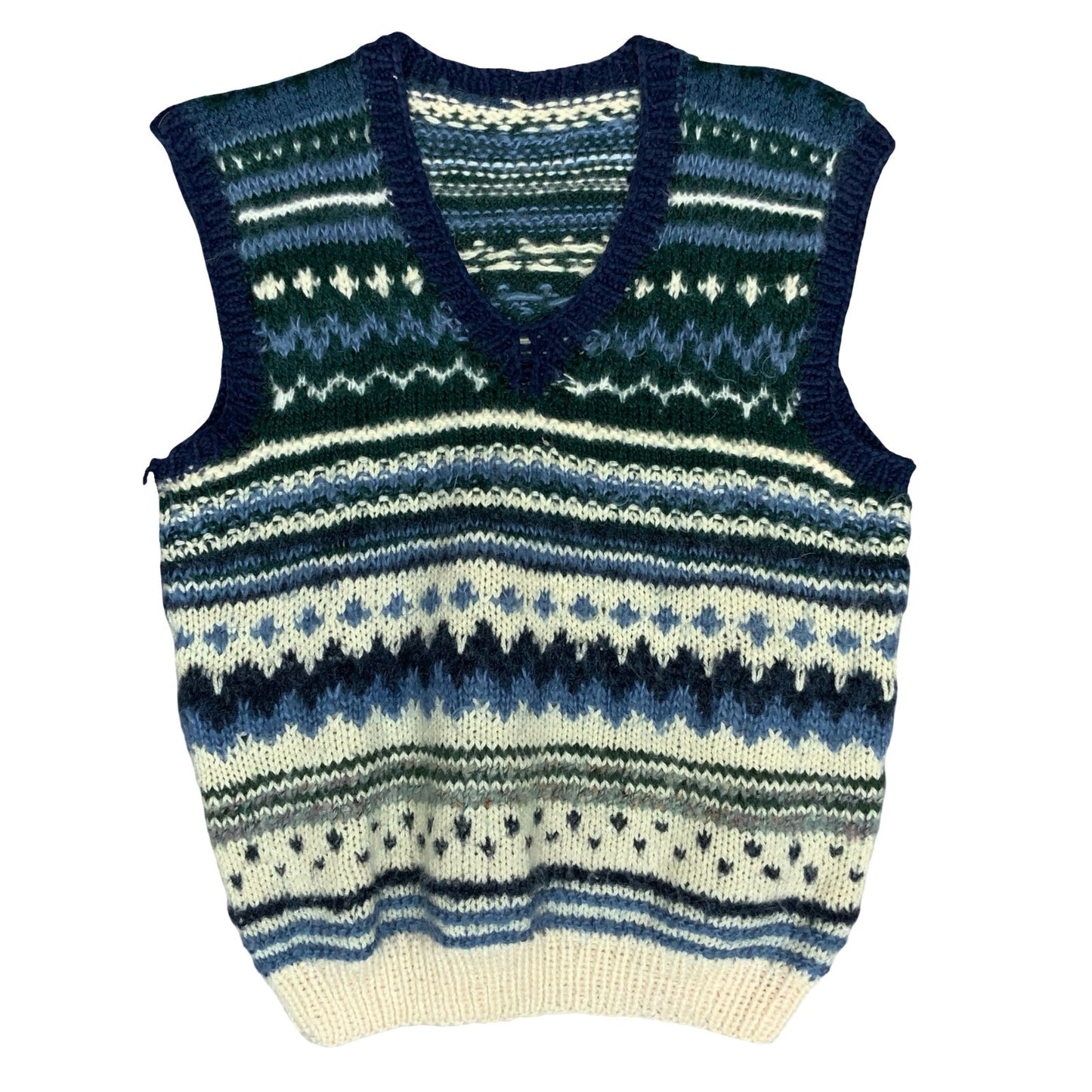 Vtg 70s 80s Blue White Green Geometric Hand-Made Casual Knit Sweater Vest S UK12