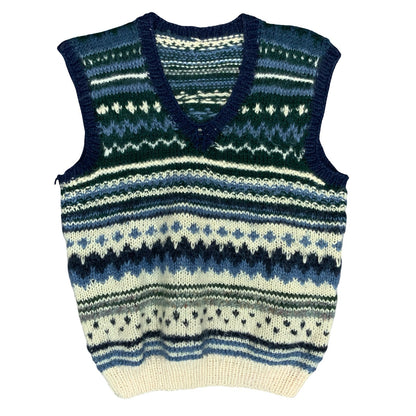 Vtg 70s 80s Blue White Green Geometric Hand-Made Casual Knit Sweater Vest S UK12