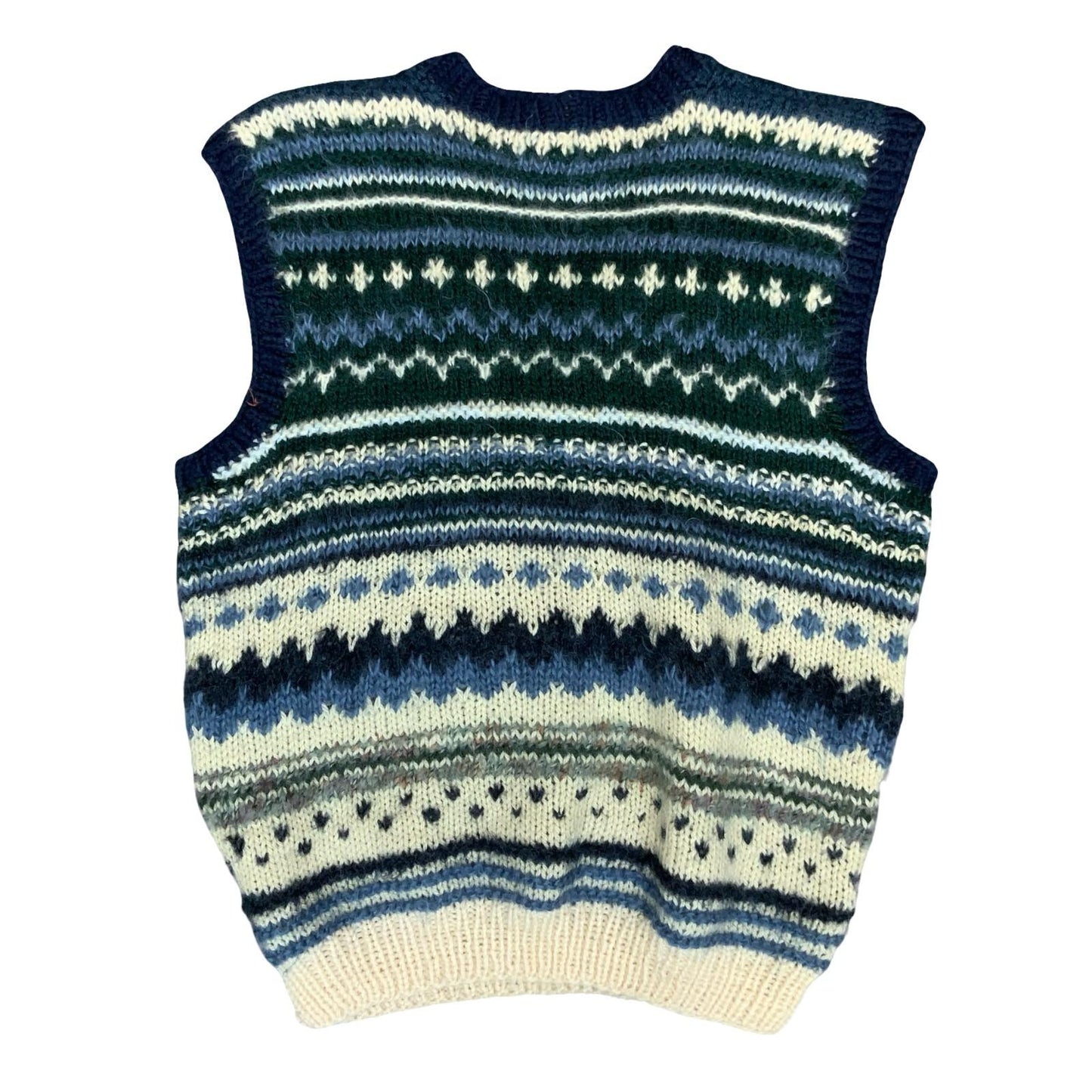 Vtg 70s 80s Blue White Green Geometric Hand-Made Casual Knit Sweater Vest S UK12