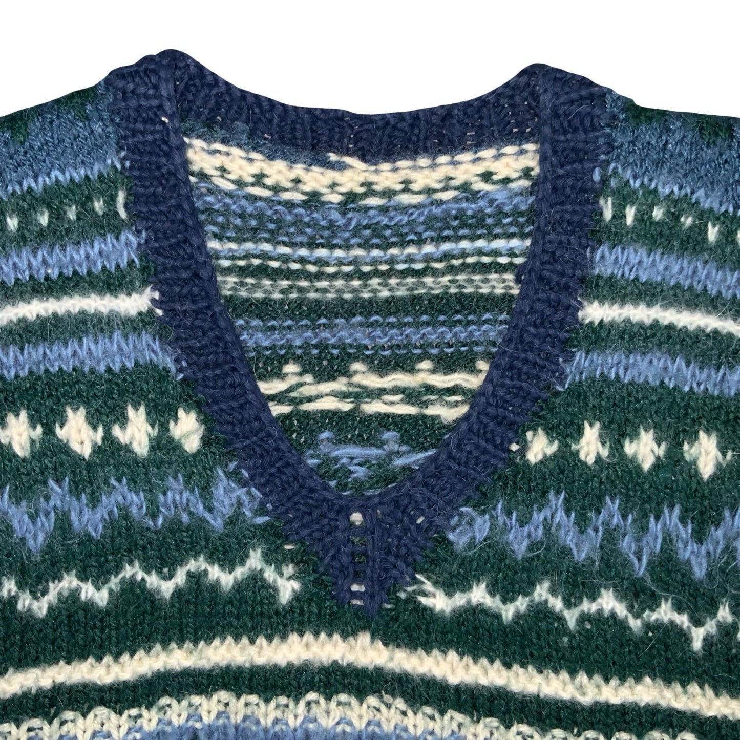 Vtg 70s 80s Blue White Green Geometric Hand-Made Casual Knit Sweater Vest S UK12