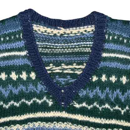 Vtg 70s 80s Blue White Green Geometric Hand-Made Casual Knit Sweater Vest S UK12