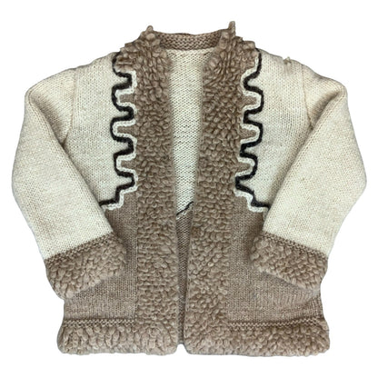 Vtg 70s 80s Beige Cream Embroidered Textured Thick Knitted Wool Cardigan S UK 10
