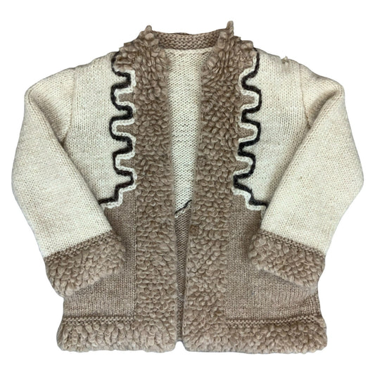 Vtg 70s 80s Beige Cream Embroidered Textured Thick Knitted Wool Cardigan S UK 10
