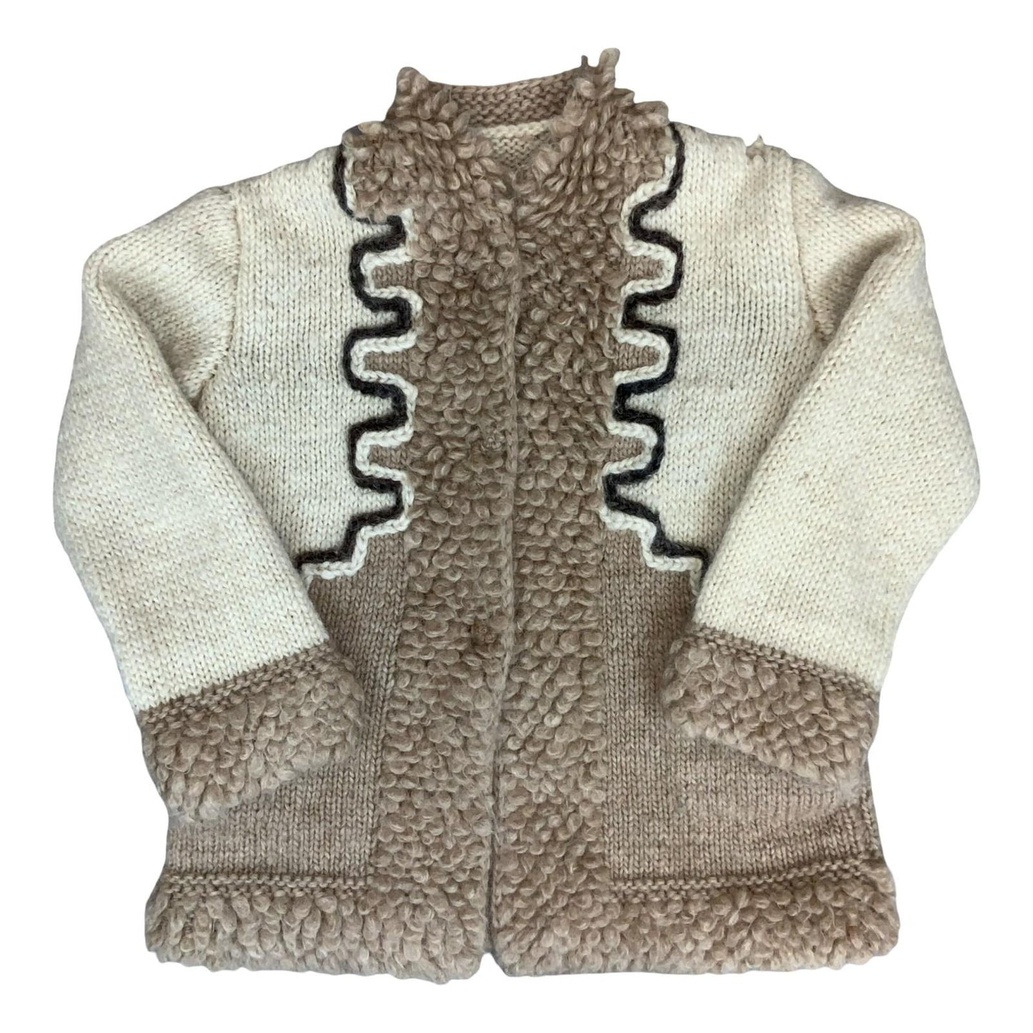 Vtg 70s 80s Beige Cream Embroidered Textured Thick Knitted Wool Cardigan S UK 10