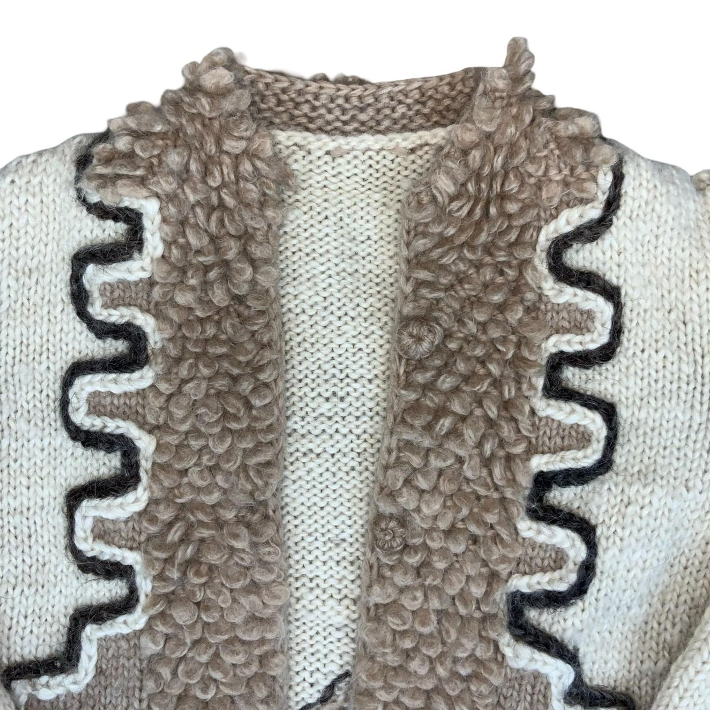 Vtg 70s 80s Beige Cream Embroidered Textured Thick Knitted Wool Cardigan S UK 10