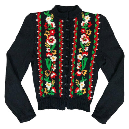 Vtg Black Floral Folk Embroidered Red Green Petite Button-Up Boho Cardigan UK4/6