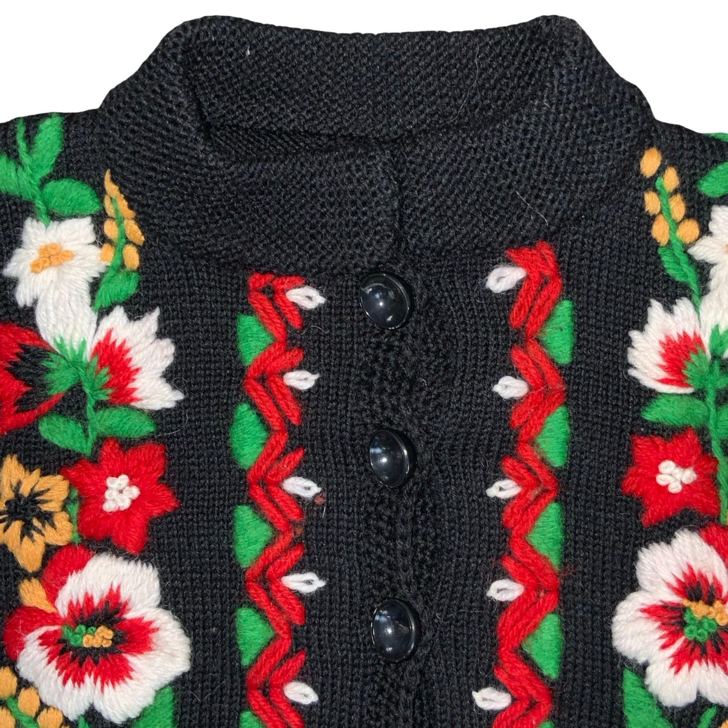 Vtg Black Floral Folk Embroidered Red Green Petite Button-Up Boho Cardigan UK4/6