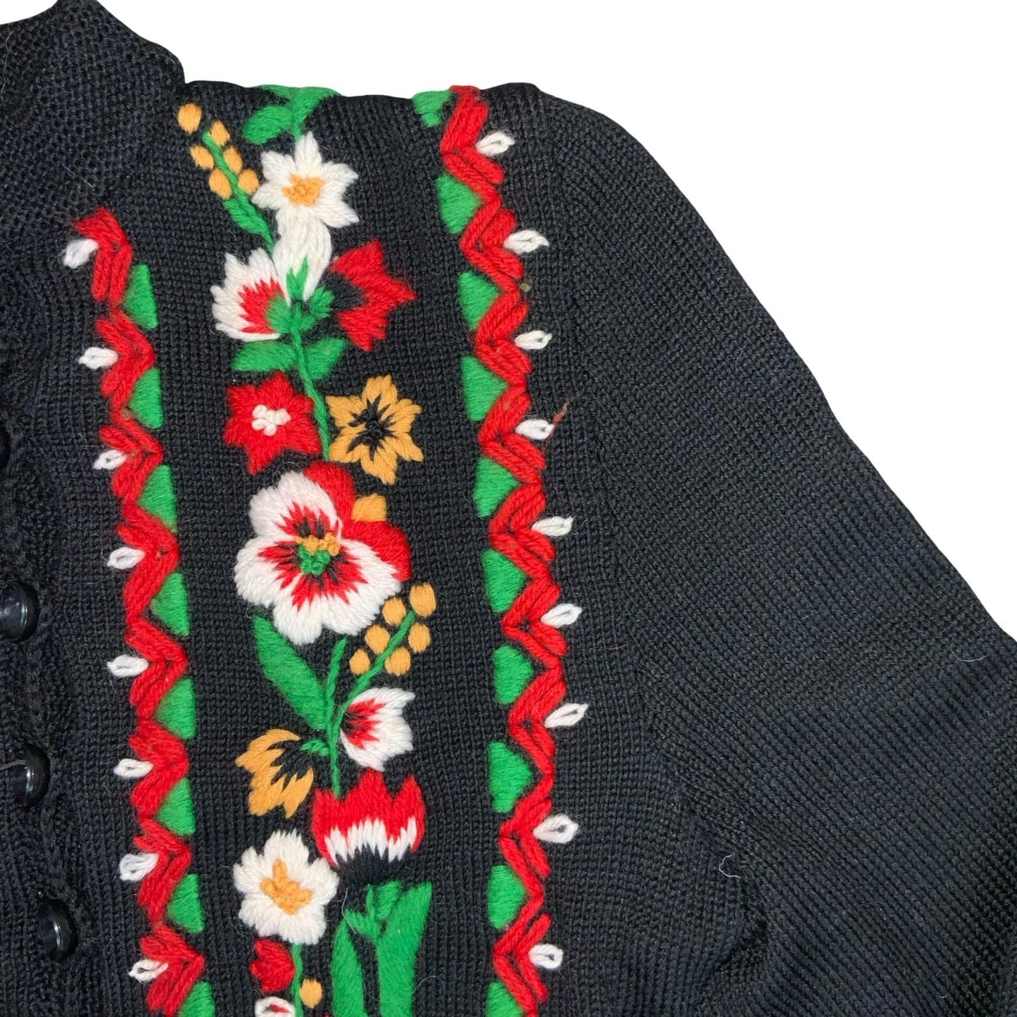Vtg Black Floral Folk Embroidered Red Green Petite Button-Up Boho Cardigan UK4/6