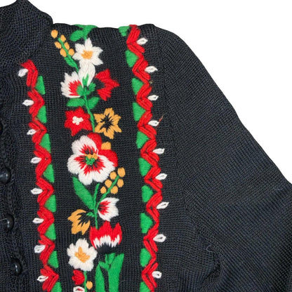 Vtg Black Floral Folk Embroidered Red Green Petite Button-Up Boho Cardigan UK4/6