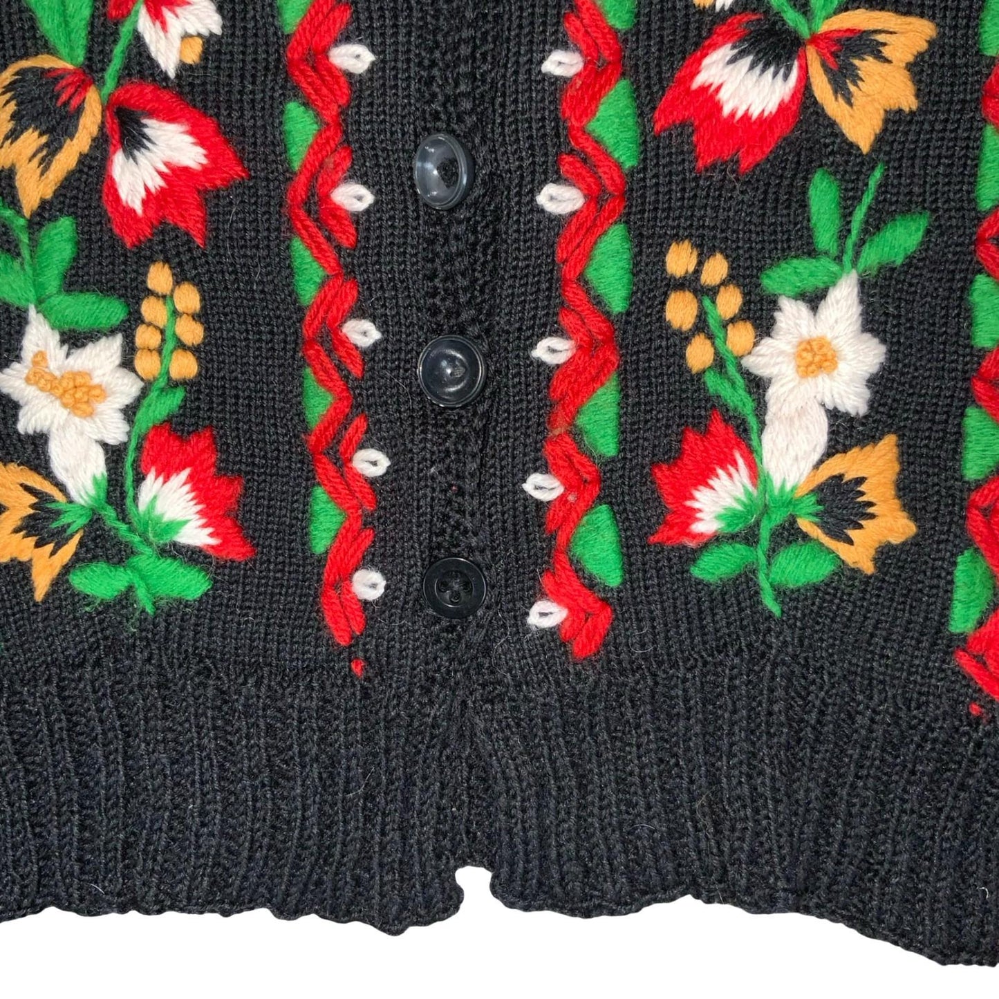 Vtg Black Floral Folk Embroidered Red Green Petite Button-Up Boho Cardigan UK4/6