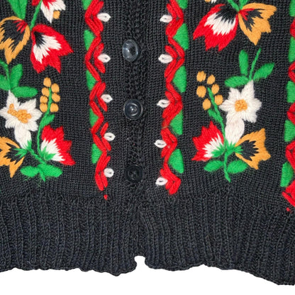 Vtg Black Floral Folk Embroidered Red Green Petite Button-Up Boho Cardigan UK4/6