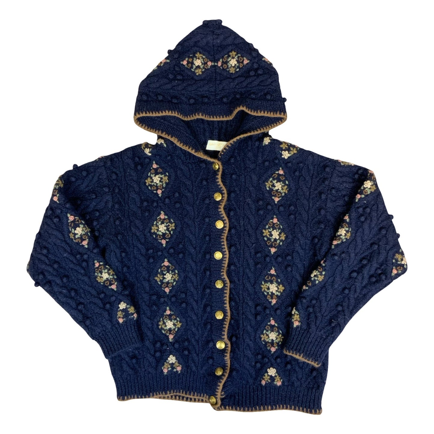 Vtg 'Bianca' Blue Hooded Knit Diamond Floral Pattern Gold Buttoned Cardigan UK14