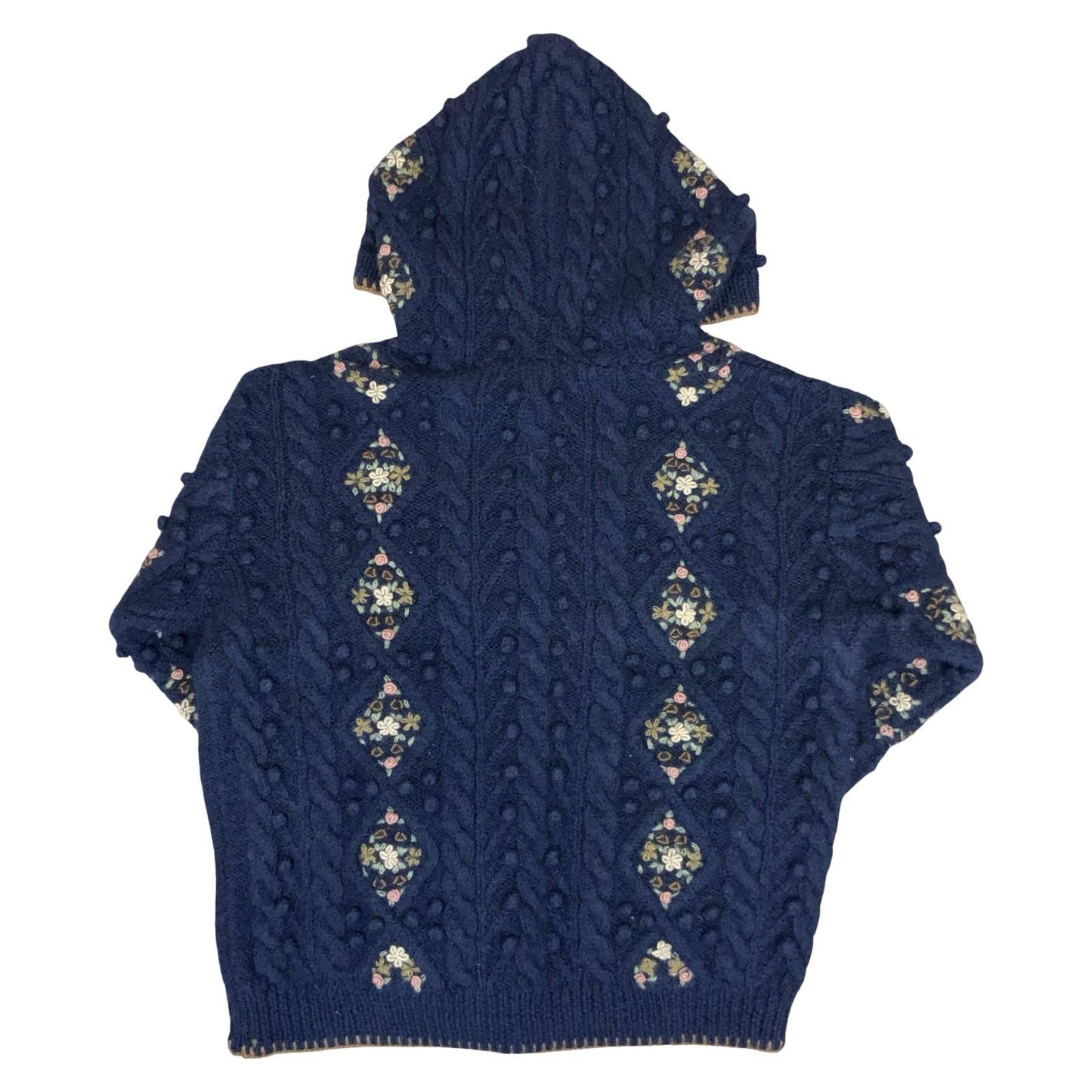 Vtg 'Bianca' Blue Hooded Knit Diamond Floral Pattern Gold Buttoned Cardigan UK14