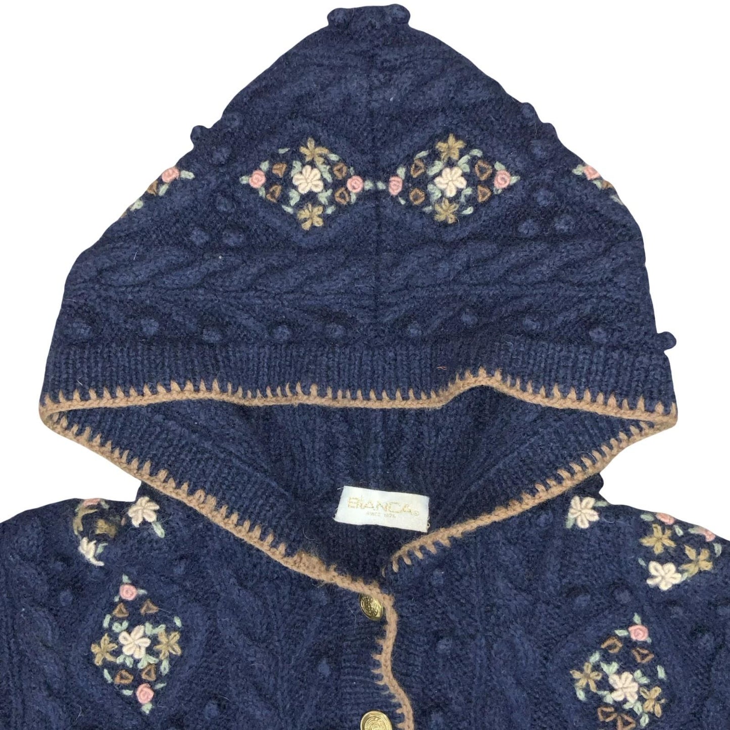 Vtg 'Bianca' Blue Hooded Knit Diamond Floral Pattern Gold Buttoned Cardigan UK14