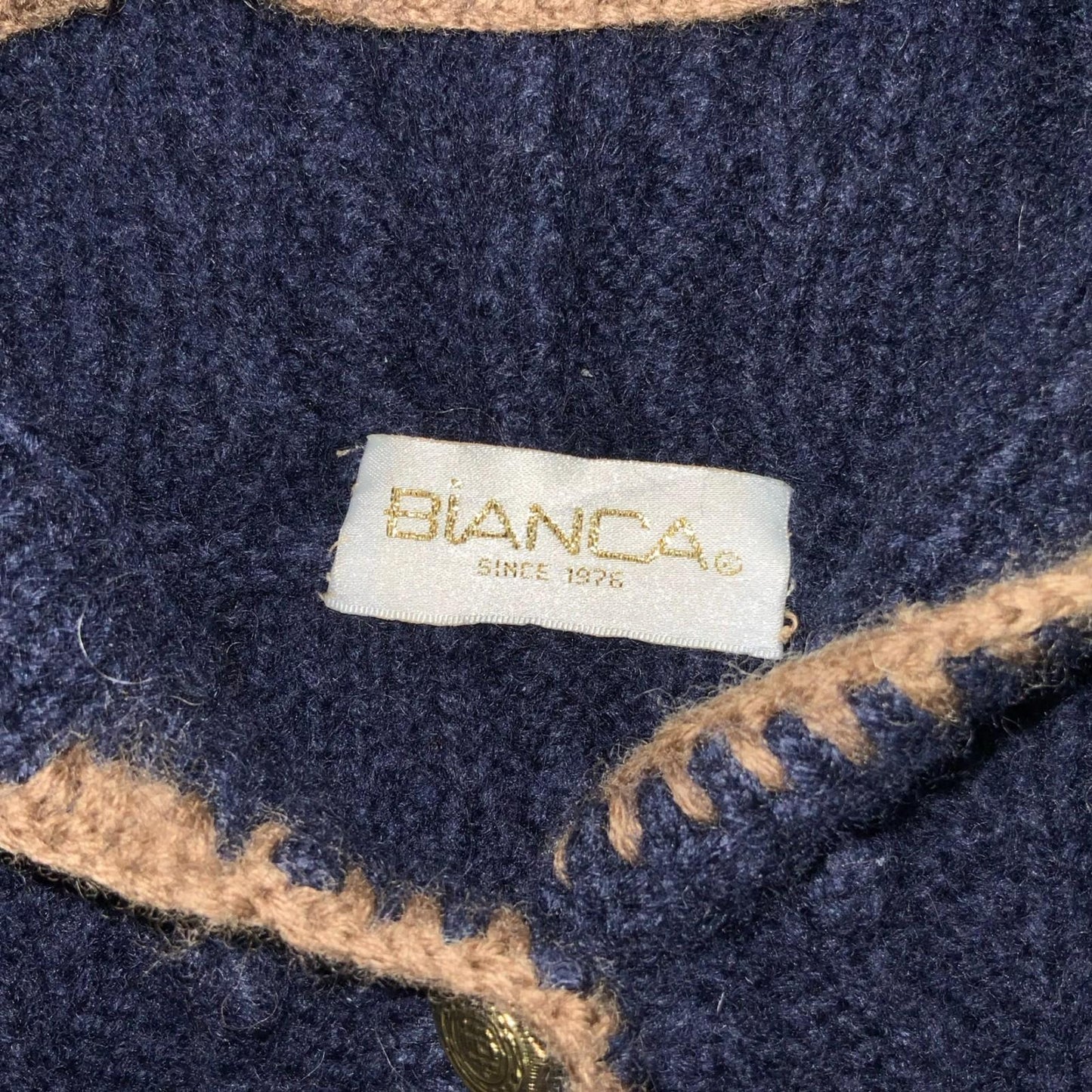 Vtg 'Bianca' Blue Hooded Knit Diamond Floral Pattern Gold Buttoned Cardigan UK14