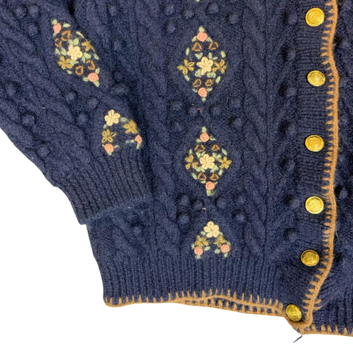 Vtg 'Bianca' Blue Hooded Knit Diamond Floral Pattern Gold Buttoned Cardigan UK14