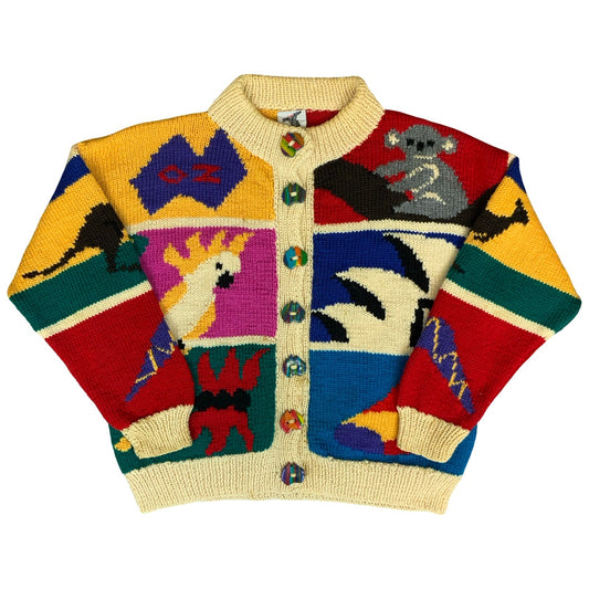90s 'Bonzo' Cream Multi-Coloured Handmade Australian Unique Novelty Cardigan L