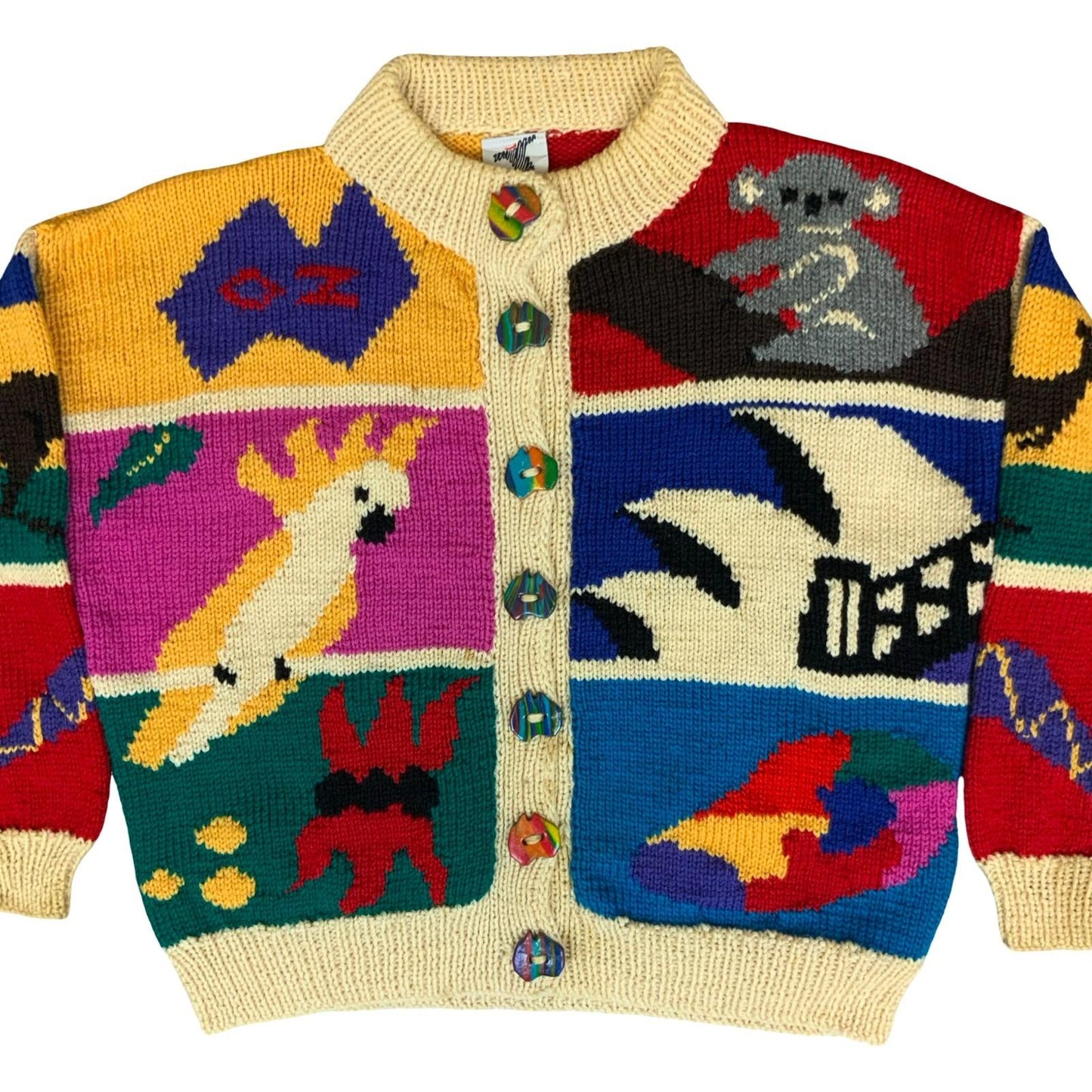 90s 'Bonzo' Cream Multi-Coloured Handmade Australian Unique Novelty Cardigan L