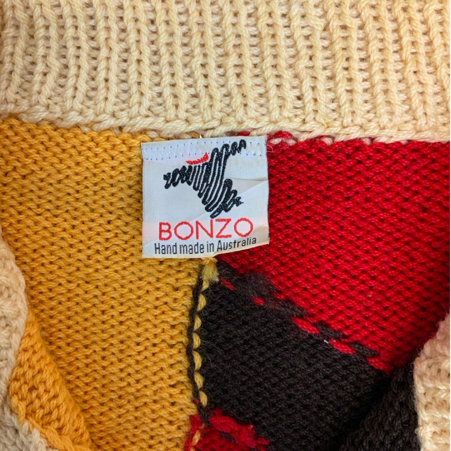 90s 'Bonzo' Cream Multi-Coloured Handmade Australian Unique Novelty Cardigan L