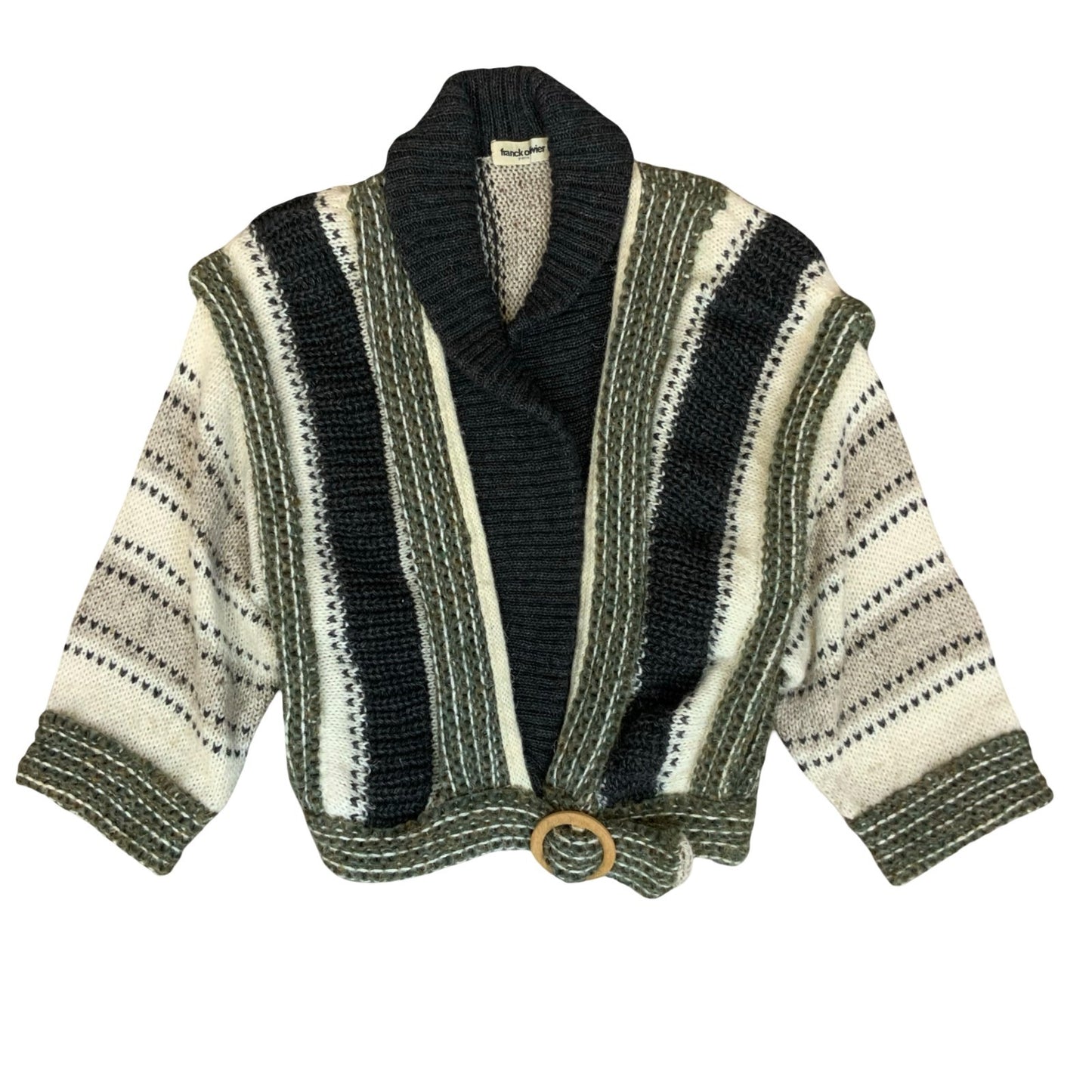 Vtg 80s 'Franck Oliver' Grey Black Knit Crop Wood Buckle Belt Mohair Cardigan XL