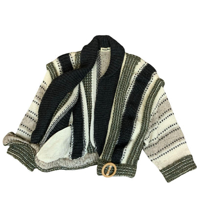 Vtg 80s 'Franck Oliver' Grey Black Knit Crop Wood Buckle Belt Mohair Cardigan XL