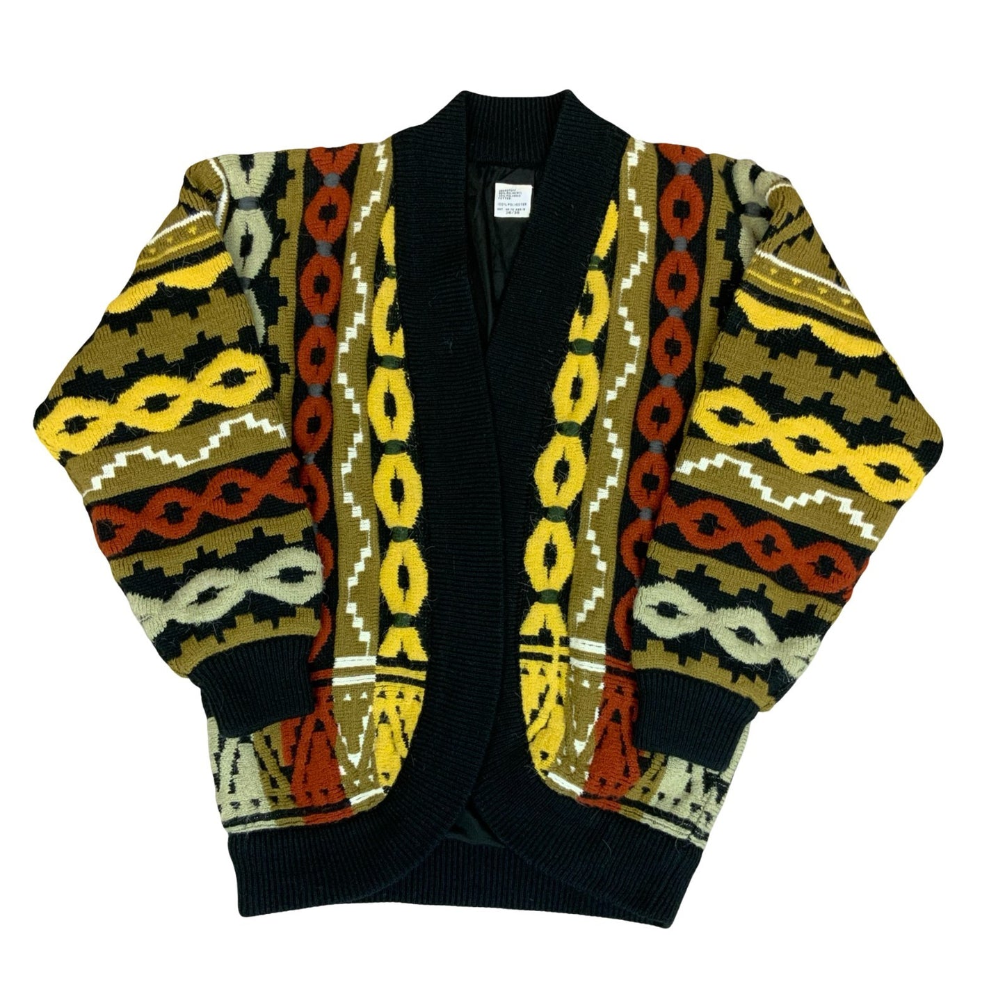 Vtg 80s Yellow Green Red Black Geometric Chunky Oversized Open Cardigan UK 14/16