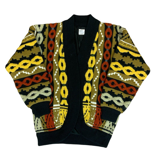 Vtg 80s Yellow Green Red Black Geometric Chunky Oversized Open Cardigan UK 14/16