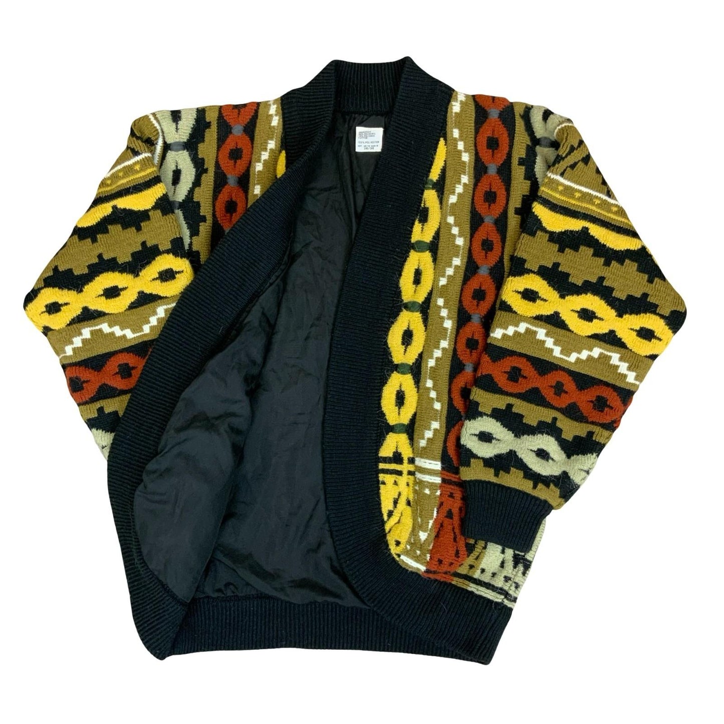 Vtg 80s Yellow Green Red Black Geometric Chunky Oversized Open Cardigan UK 14/16