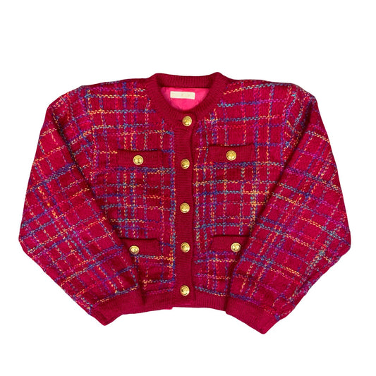 Vtg 90s 'Blanc Nouveau' Pink Tartan Tweed-Style Gold Button Preppy Cardigan M