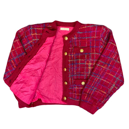 Vtg 90s 'Blanc Nouveau' Pink Tartan Tweed-Style Gold Button Preppy Cardigan M