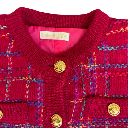 Vtg 90s 'Blanc Nouveau' Pink Tartan Tweed-Style Gold Button Preppy Cardigan M